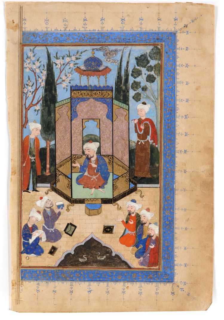 SA'ADI AND THE WISE MEN, PROBABLY FROM THE BUSTAN'E SA'ADI, SAFAVID, PERSIA, LATE 16TH CENTURY