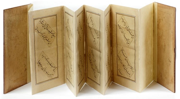A  CONCERTINA ALBUM OF PERSIAN COUPLETS IN NASTA'LIQ CALLIGRAPHY, DATED 1297 AH/1880 AD