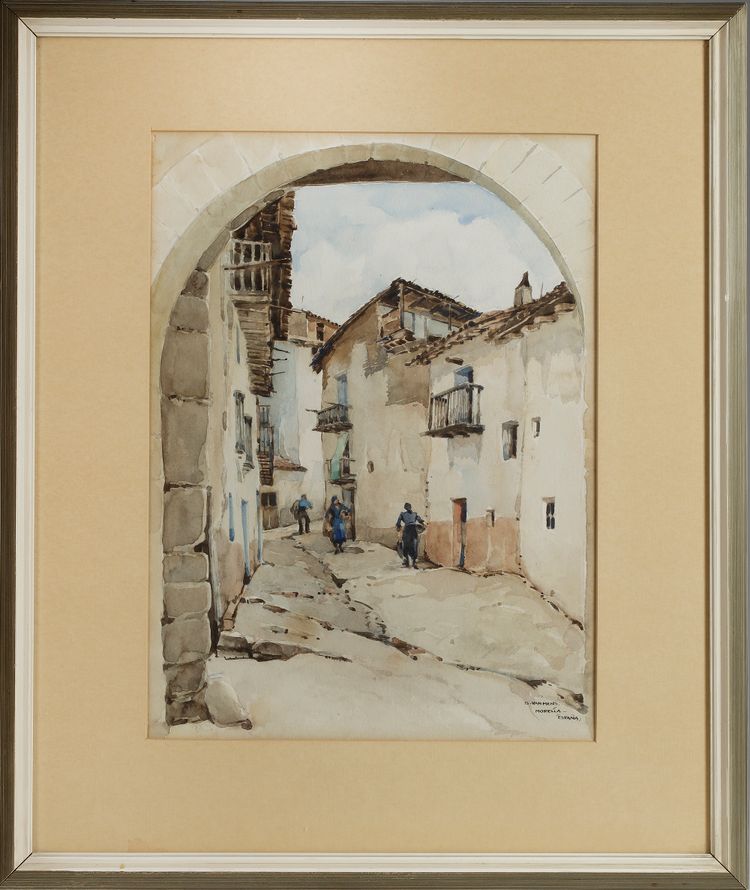 ISIDORE VAN MENS (1890-1985), A STREET IN MORELLA, SPAIN, WATERCOLOUR ON PAPER