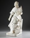 AN ALABASTER AND MARBLE SCULPTURE OF A SEATED WOMAN ROLLING WOOL, CIRCA 1890