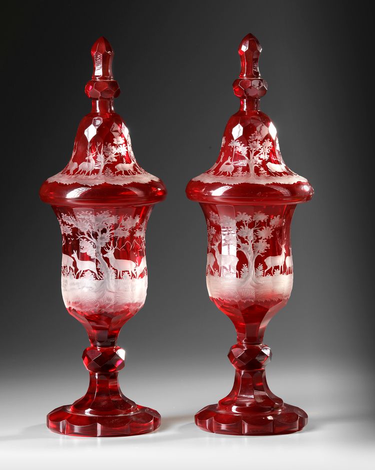 A LARGE PAIR OF RED BOHEMIAN GLASS CUPS, LATE 19TH CENTURY