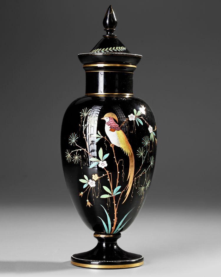 BLACK GLASS VASE WITH LID, PAINTED WITH GOLDEN PHEASANT AND FLORAL DESIGN, 19TH CENTURY