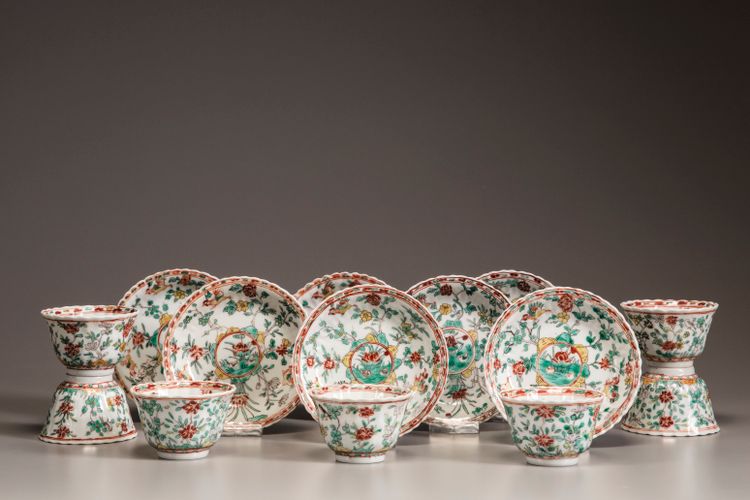 Seven sets of famille verte cups and saucers