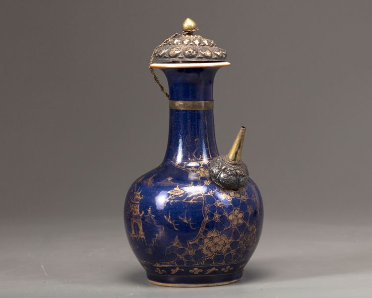 A gilt-metal-mounted China blue-ground gilt-decorated kendi
