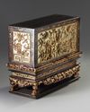 A Chinese gilt-lacquered wood altar box, cover, and stand