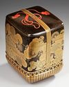 A JAPANESE GOLD LACQUERED BENTO BOX — CHRYSANTHEMUM ELEGANCE IN BAMBOO BASKET, MEIJI PERIOD (1868-1912)