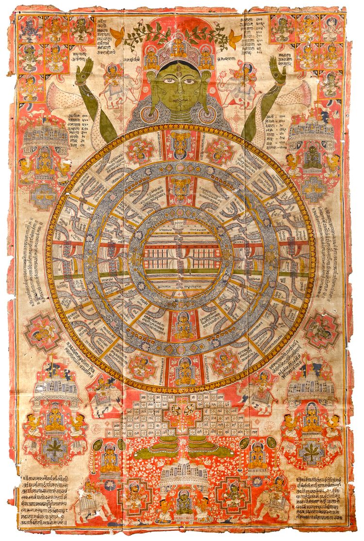 A LARGE JAIN ILLUSTRATION OF THE WORLD OF MORTALS GUJARAT, NORTH WEST INDIA, 17TH CENTURY
