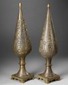 A PAIR OF LARGE QAJAR BRASS ENGRAVED INCENSE BURNERS, 19TH CENTURY