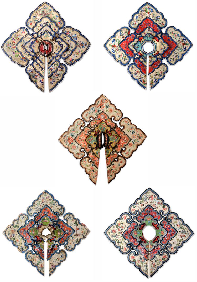 FIVE CHINESE LADIES EMBROIDERED SILK COLLARS, QING DYNASTY, CIRCA 1900