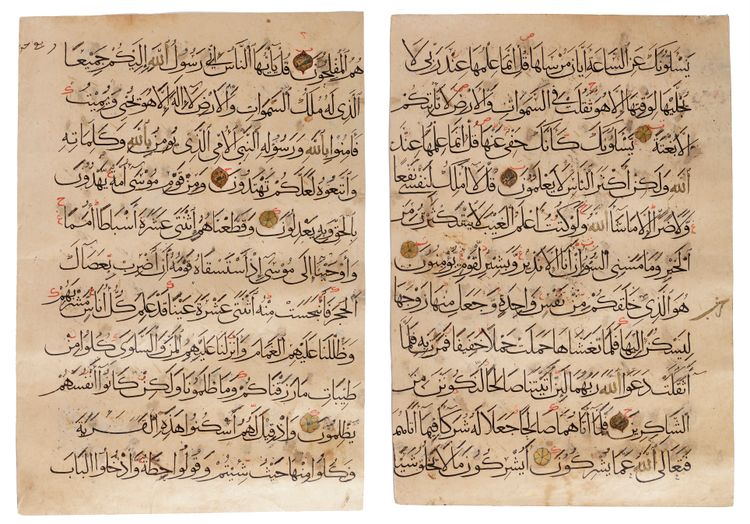 TWO LARGE MUHAQQAQ QURAN LEAVES, NEAR EAST, 14TH CENTURY