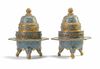 A pair of Chinese cloisonne enamel 'scrolling lotus' tripod censers and covers