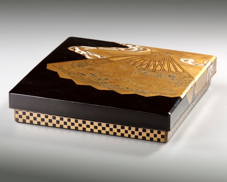 A JAPANESE SUZURIBAKO WRITING BOX, DECORATED WITH FOLDING FANS, MEIJI PERIOD (1868-1912)