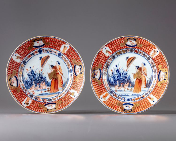A pair of 'ladies and parasol' dishes