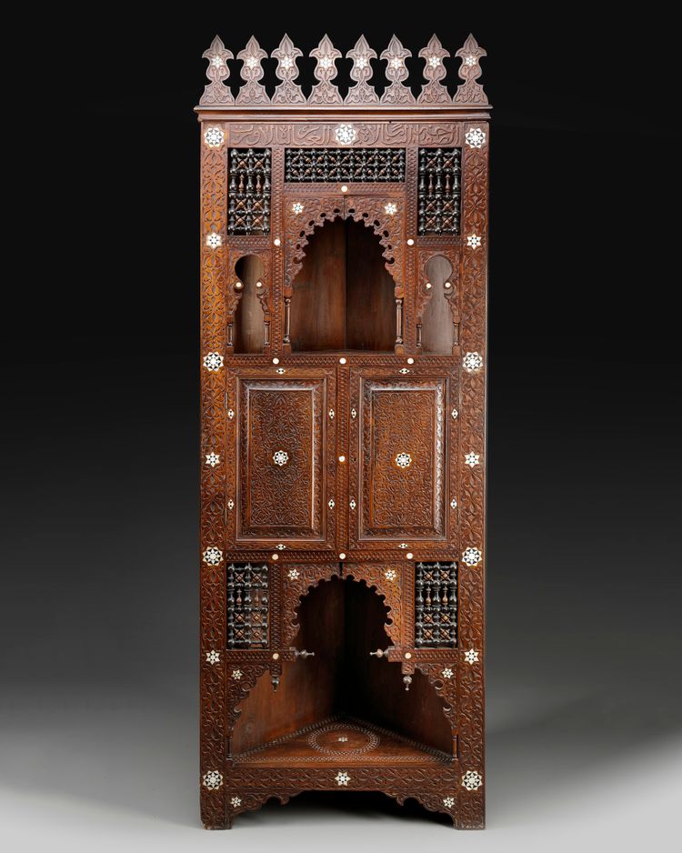 AN OTTOMAN  BONE INLAID HARDWOOD CORNER CABINET, 19TH CENTURY