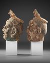 TWO CHINESE POLYCHROME WOOD HEADS, MING DYNASTY OR LATER
