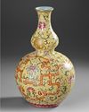 A CHINESE FAMILLE ROSE DOUBLE-GOURD YELLOW GROUND VASE, 20TH CENTURY