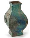 A CHINESE BRONZE SQUARE-SECTION TWIN-HANDLED HU VASE, HAN DYNASTY (206 BC-220AD)