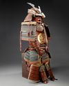 A full size red armor 'yoroi' with original bamboo woven box