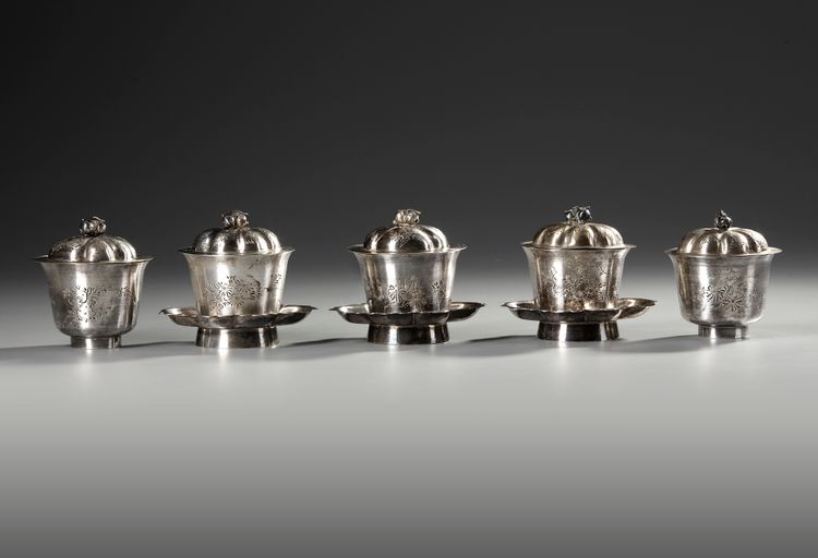 A GROUP OF CHINESE EXPORT SILVER FIVE CUPS AND THREE SAUCERS, 19TH CENTURY