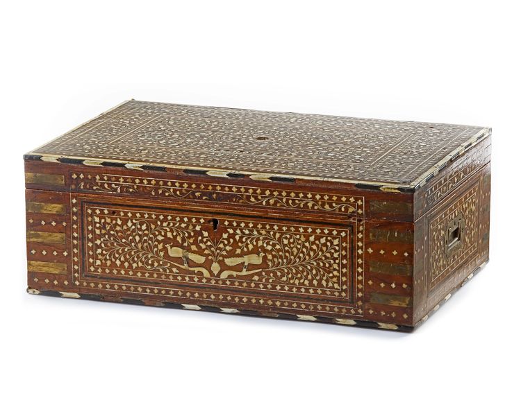 AN ANGLO-INDIAN BRASS-BOUND IVORY-INLAID TEAK WRITING BOX  HOSHIARPUR, LATE 19TH CENTURY