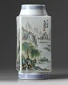 A Chinese famille rose landscape square-section vase, cong