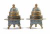 A pair of Chinese cloisonne enamel 'scrolling lotus' tripod censers and covers
