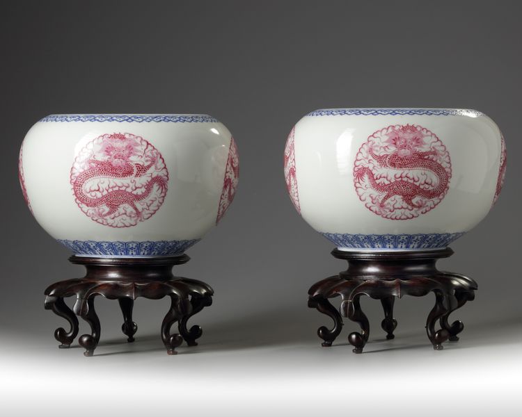 A pair of Chinese famille rose 'dragon' jardinieres