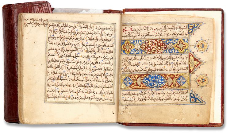 A SMALL ILLUMINATED QURAN WRITTEN IN MAGHRIBI SCRIPT, NORTH AFRICA PROBABLY MOROCCO, DATED 1273 AH/1856 AD