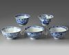 Five Chinese blue and white bowls