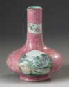 A Chinese pink-ground famille rose bottle vase