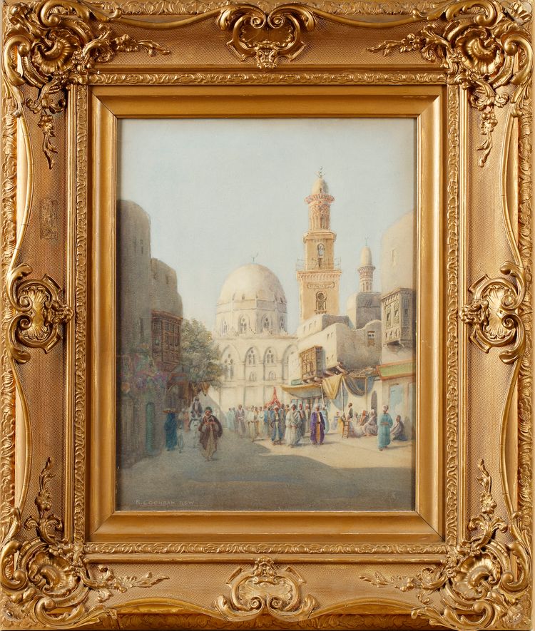 A PAINTING DEPICTING VARIOUS FIGURES NEAR THE MOSQUE IN CAIRO, 19TH-20TH CENTURY