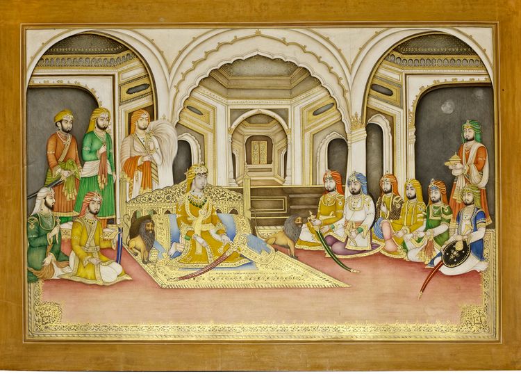 DURBAR OF BHARPUR SINGH, RAJAH OF NABHA (R. 1847-63), ENTHRONED WITH ATTENDANTS AFTER THE UMBALLA DURBAR OF 1860