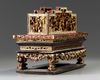 A Chinese gilt-lacquered wood altar box, cover, and stand