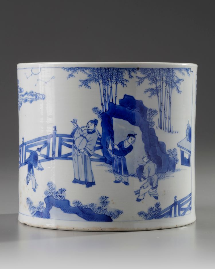 A large Chinese blue and white 'narrative' brush bot, bitong
