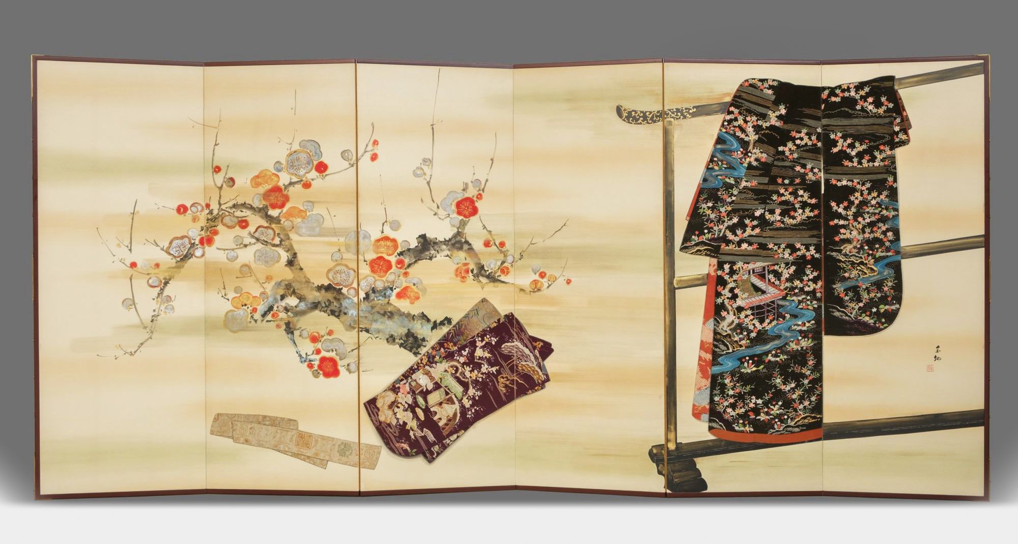 A JAPANESE SIX PANEL BYÔBU 屏風 EMBROIDERED WITH TAGASODE 誰袖