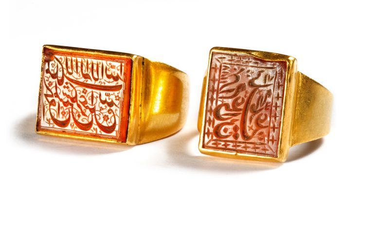 TWO AGATE SEAL GOLD RINGS