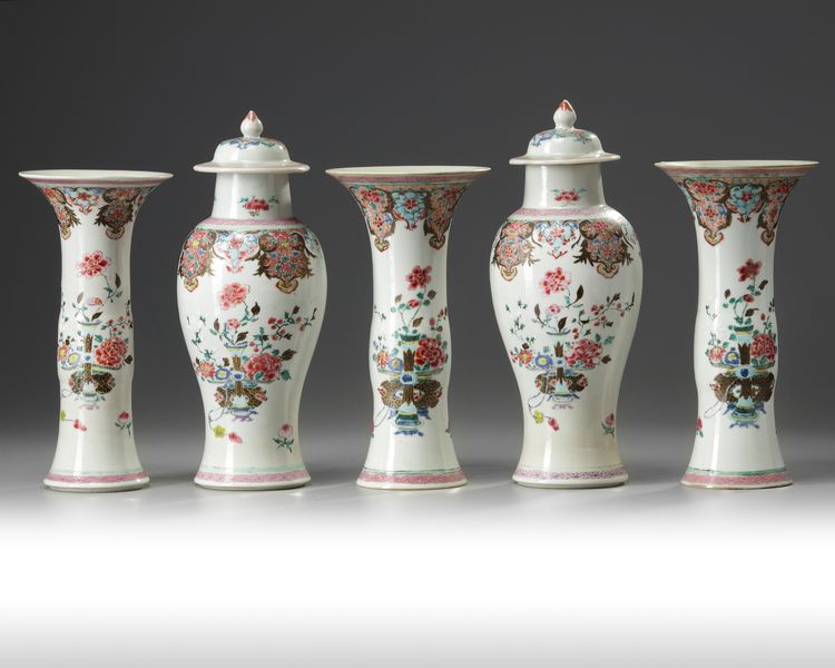 A Chinese famille rose five-piece garniture