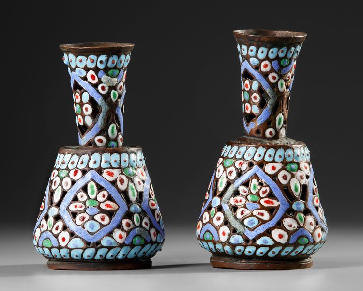 A PAIR OF SYRIAN ENAMELED COPPER VASES, 19TH CENTURY