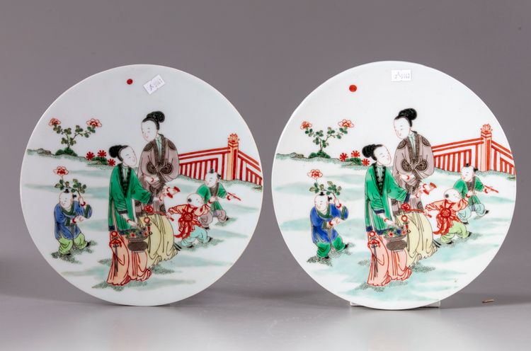 Two Chinese famille verte circular plaques