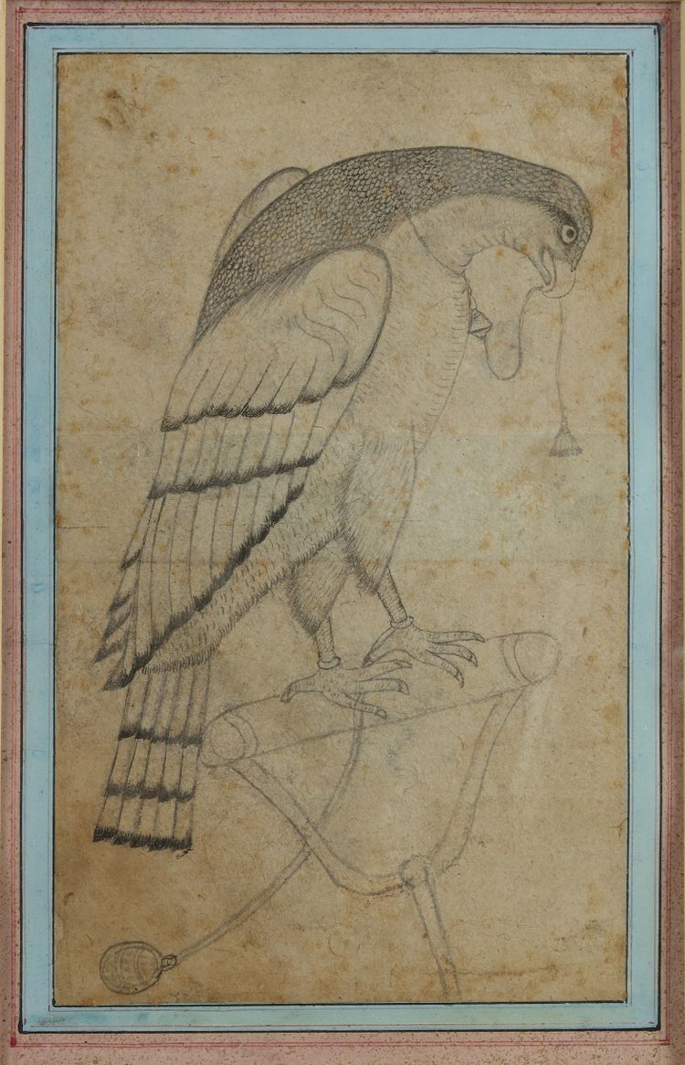 A Persian miniature depicting a hunting hawk on a perch