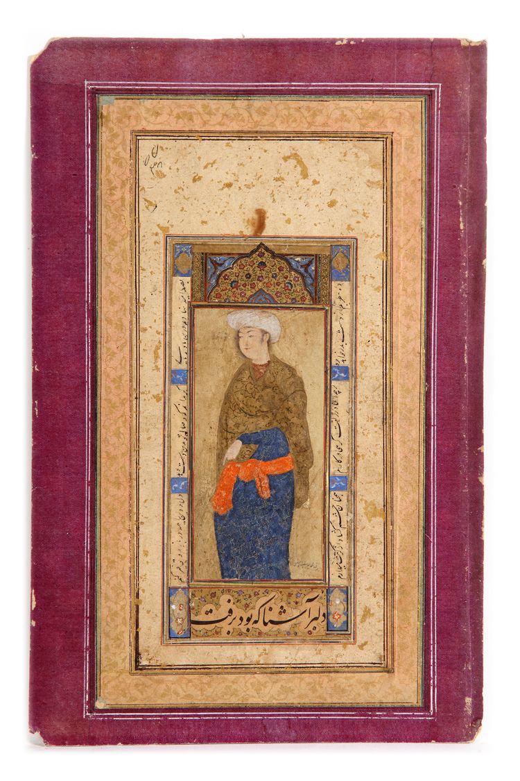 A SAFAVID PORTRAIT OF A YOUNG MAN, THE CALLIGRAPHY SIGNED MOHAMMED YUSEF AL-HUSAYNI, 17TH CENTURY