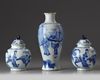 A pair of Chinese blue and white 'ladies' jars and covers and a 'figural' vase