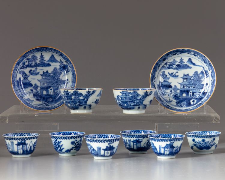 A group of ten blue and white objects