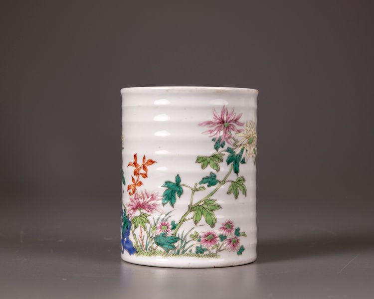 A Chinese famille rose 'chrysanthemum' ribbed brush pot, bitong