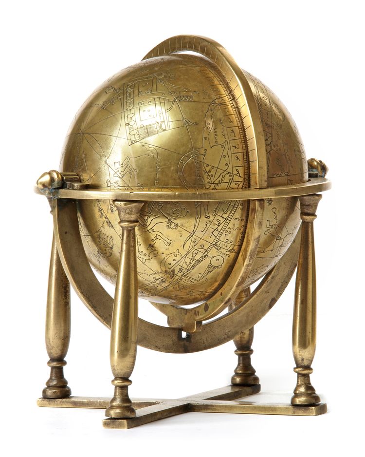 A LARGE INDO-PERSIAN ENGRAVED BRASS CELESTIAL GLOBE DATED 1305 AH/1887 AD