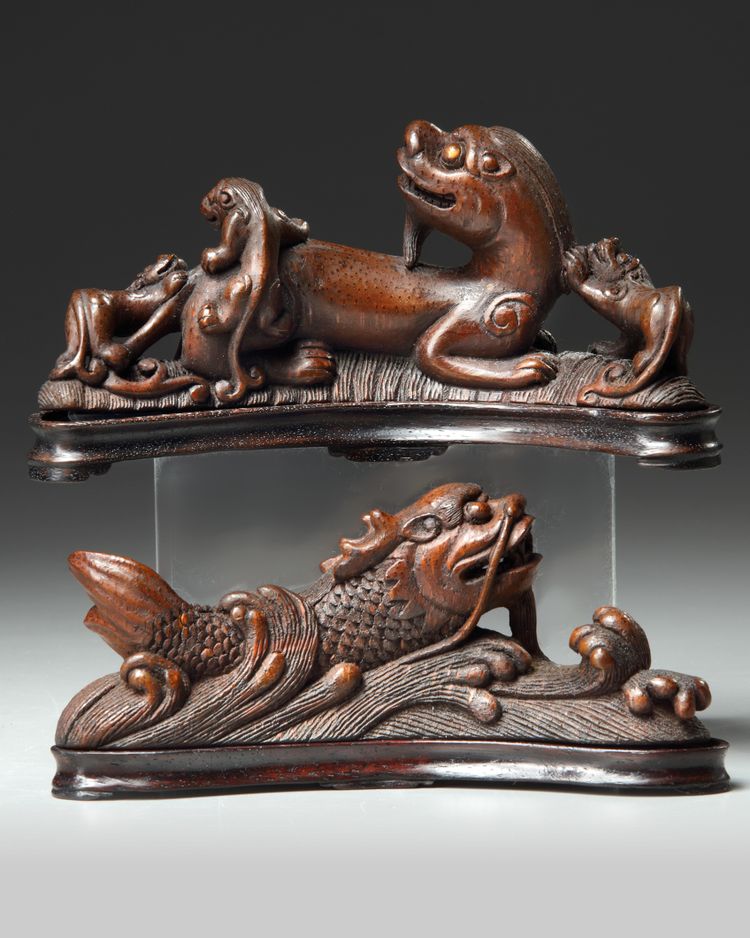 Two Chinese bamboo 'mythical beast' brush rests