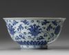 A rare Chinese blue and white 'lotus scroll' bowl