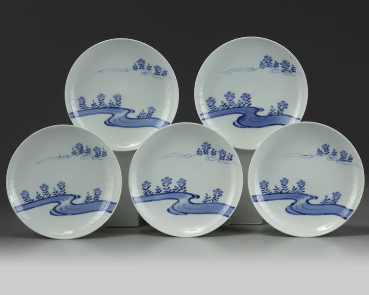 A SET OF FIVE JAPANESE 'NABESHIMA' DISHES