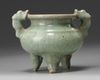 A Chinese celadon crackle-glazed tripod censer