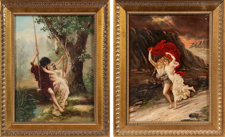 FRENCH SCHOOL (EARLY 20TH CENTURY), 'THE SWING', 'THE STORM', A PAIR, OIL ON CANVAS (2)